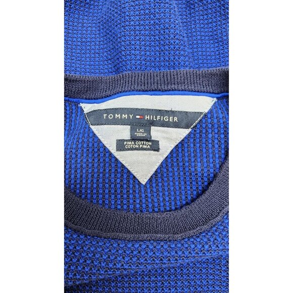 Tommy Hilfiger Mens Blue Textured Knit Crewneck Sweater L Cotton & Ribbed Cuffs - Picture 9 of 11